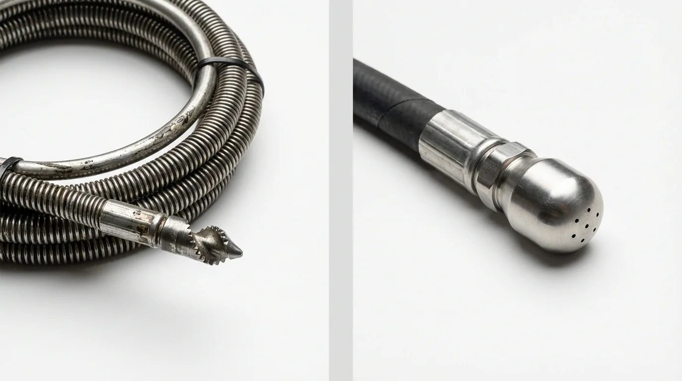Drain snake cable and hydro jetting nozzle used for drain cleaning in Medina, WA