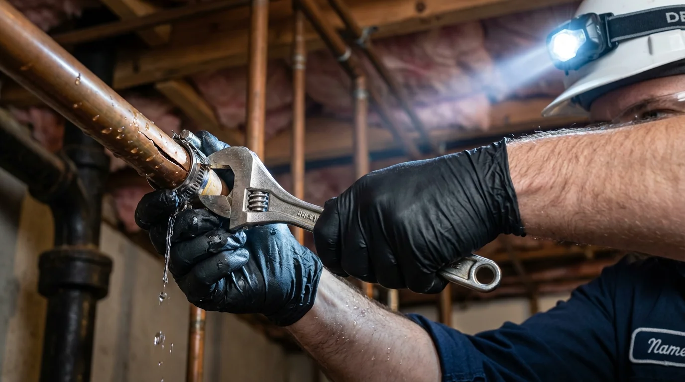 Emergency pipe clamp repair being performed by a Johns Plumbing LLC plumber in Medina