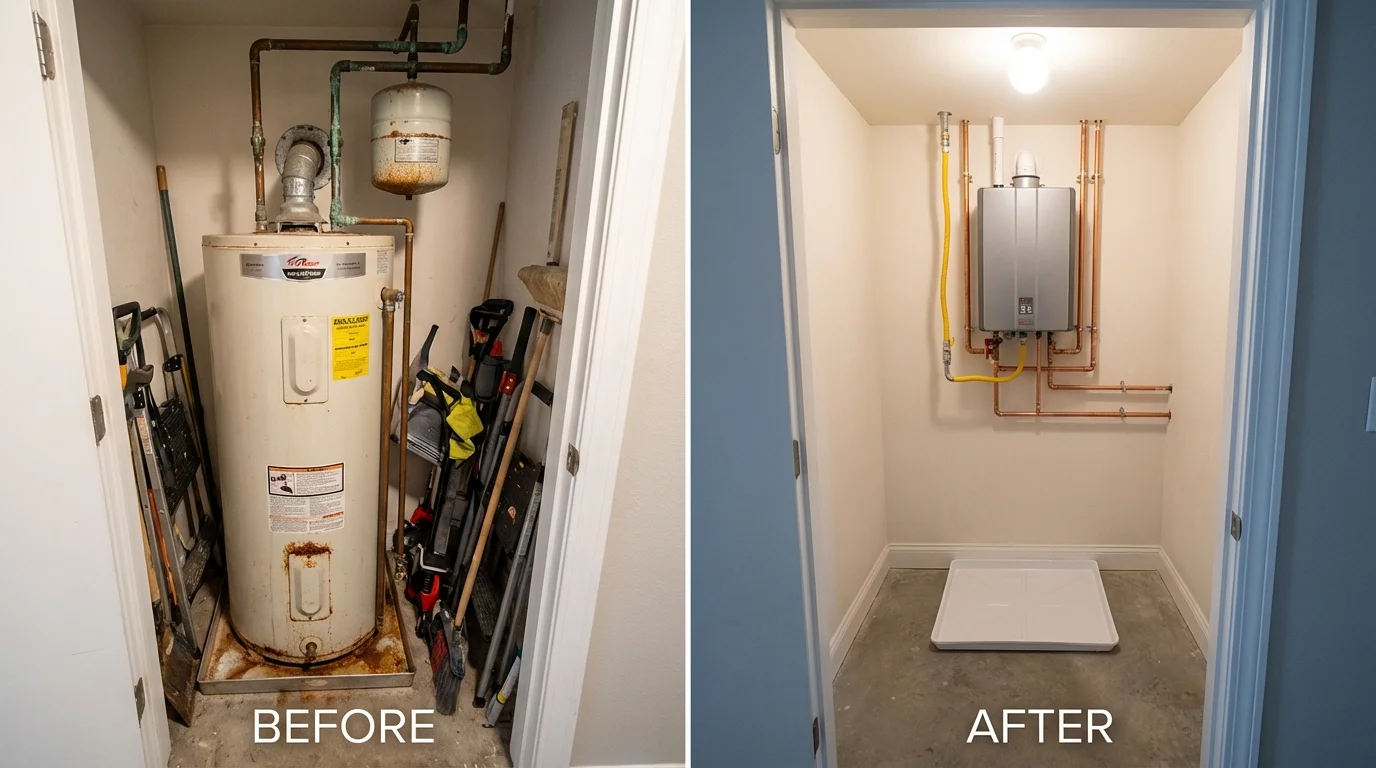 Tank water heater versus wall-mounted tankless unit comparison for Medina, WA homeowners