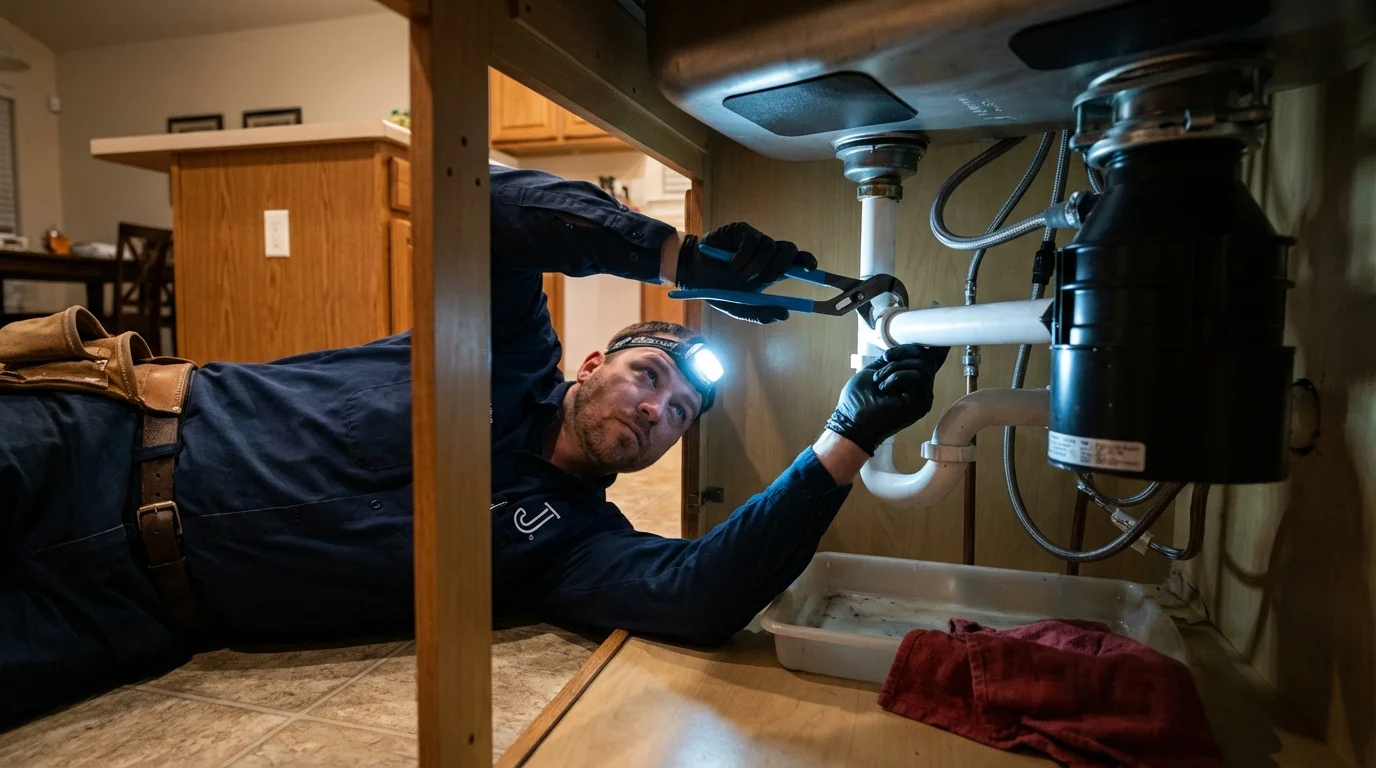 P-trap and supply line connections under a kitchen sink showing a common leak point in Medina, WA